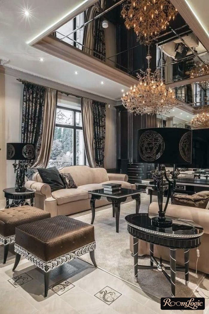 living room in art deco style with black accents