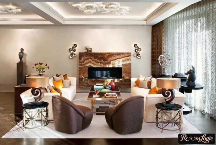 living room in art deco style with bronze elements