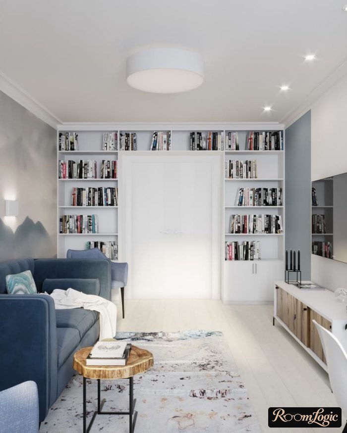 living room in Scandinavian style with bookshelves against the wall