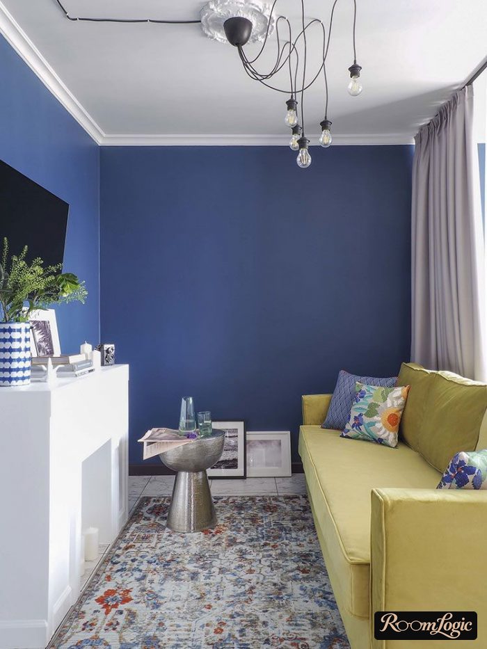 living room with a combination of yellow and blue