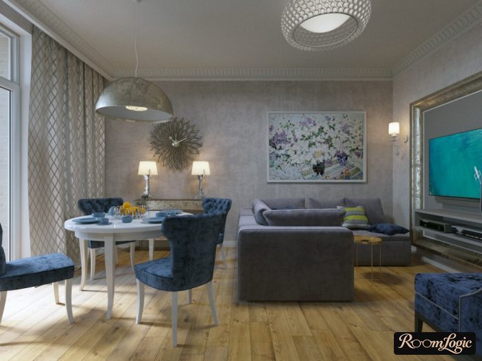 living room with a fireplace in Art Deco style