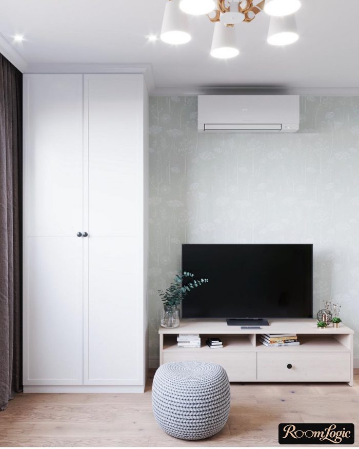 living room with a scandi-style wardrobe