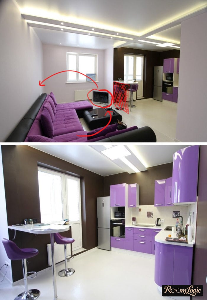 Location of the sofa and breakfast bar in the kitchen-living room