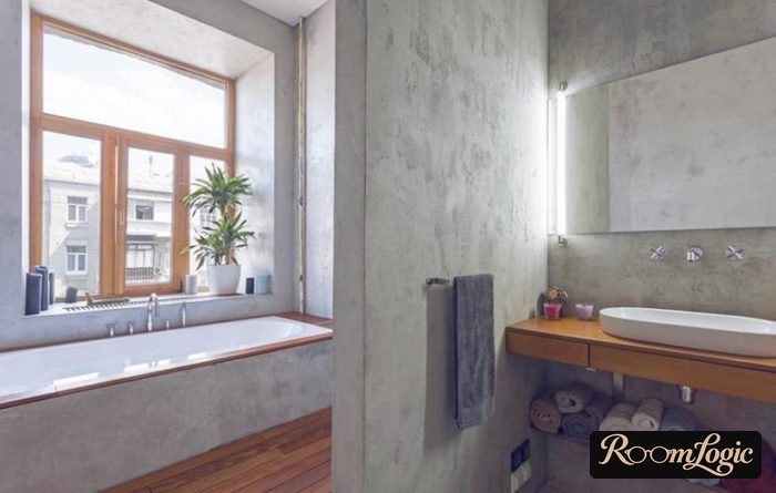 loft bathroom wall finish with decorative plaster