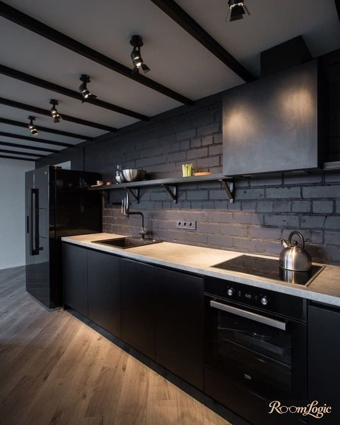 loft kitchen in dark tones