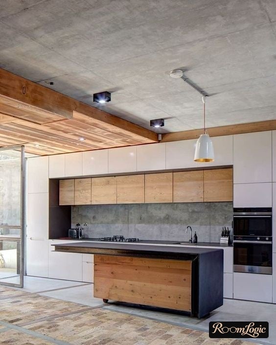loft kitchen with decorative plaster imitation concrete on the ceiling