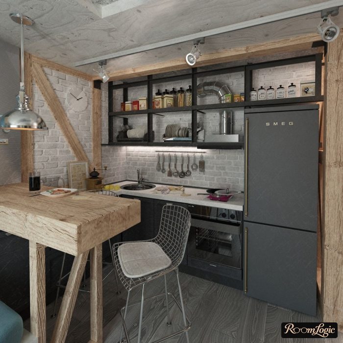 loft kitchen with gray brick and wood