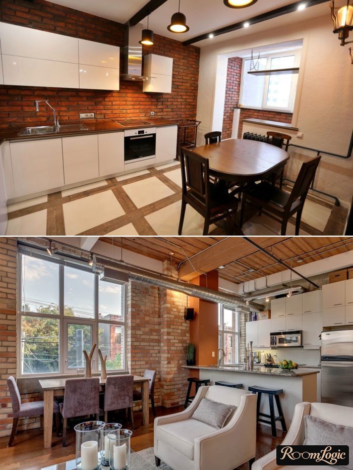 loft kitchen with red brick