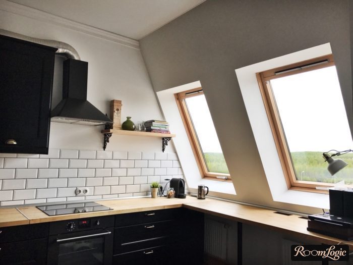 loft kitchen with shelves instead of cabinets