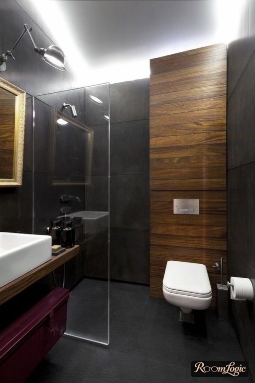 loft-style bathroom in black with dark wood