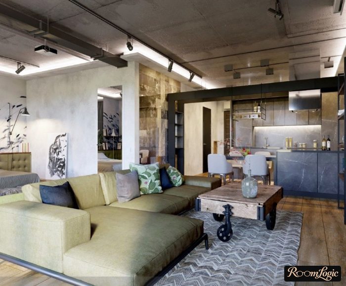 loft-style kitchen with concrete ceiling