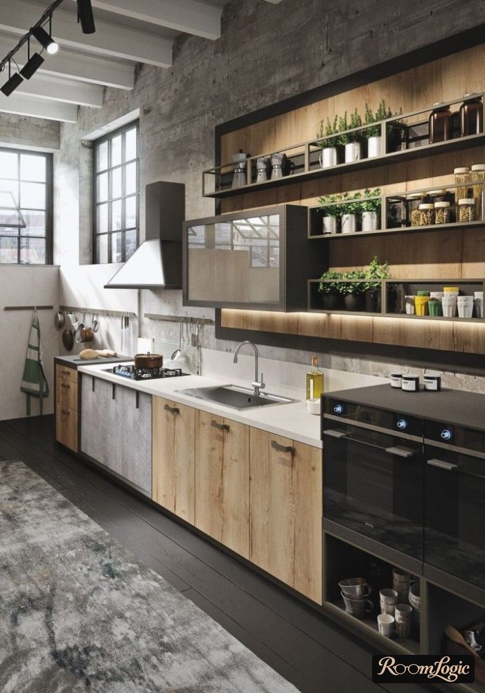 loft-style kitchen with modern light fixtures and accessories