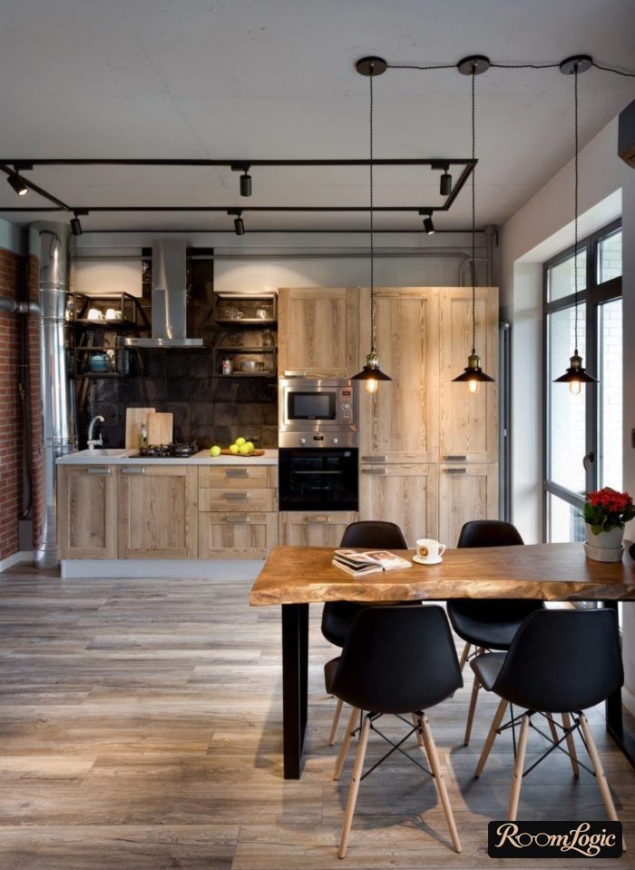 loft-style kitchen with natural wood