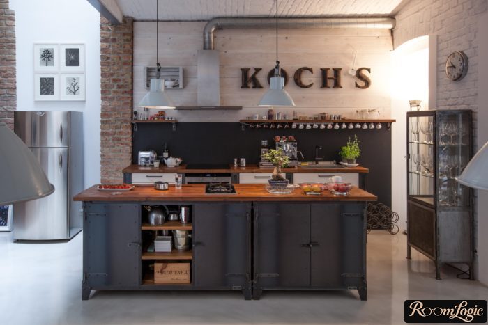 loft-style kitchen with white and red brick