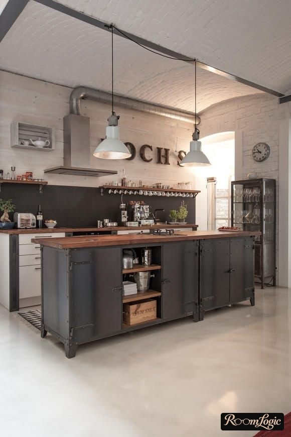 loft-style kitchen with white painted brick
