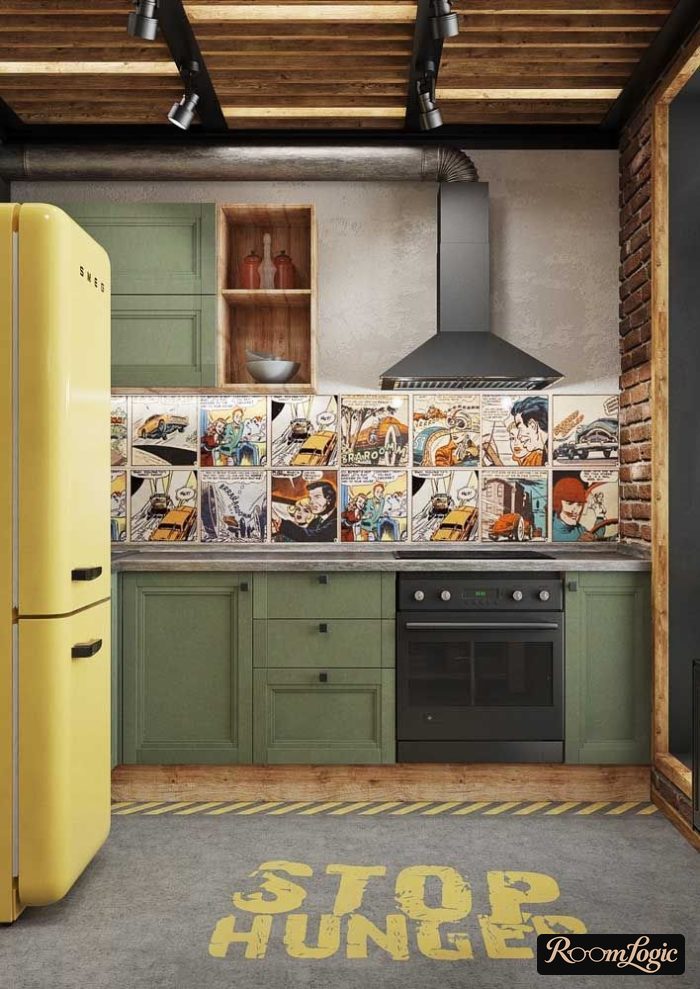 loft-style kitchen with yellow and hatchi colors