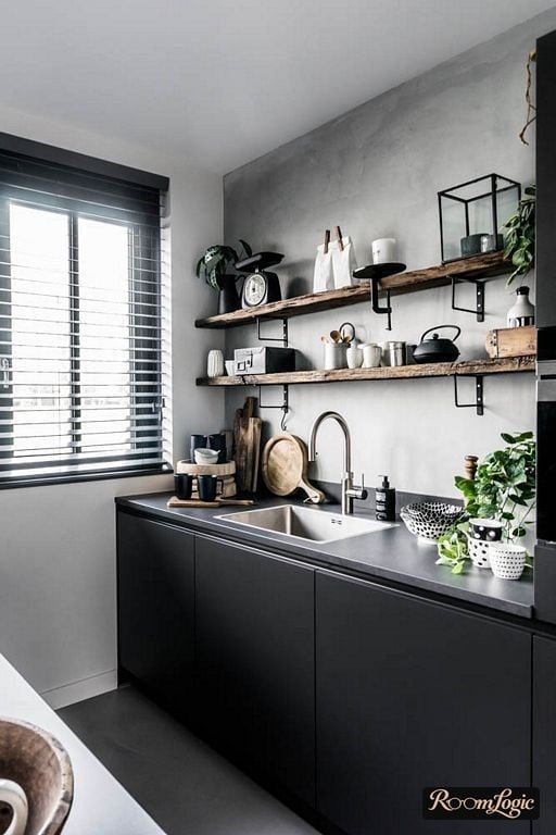 loft style kitchen without upper cabinets