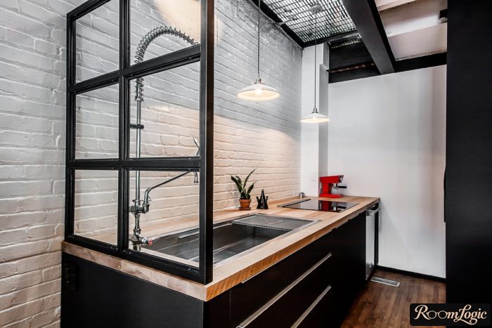loft style with white brick wall finish in the kitchen