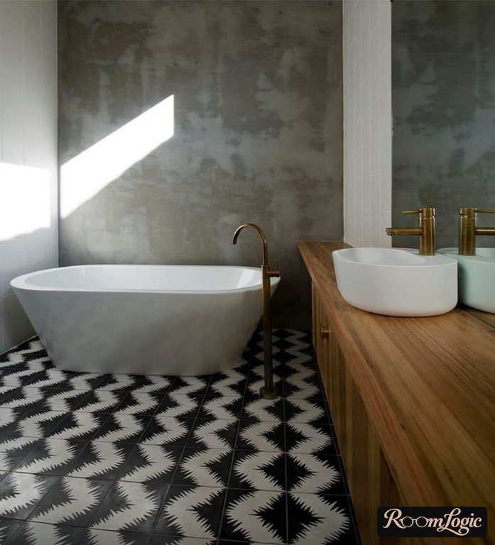 loft styled bathroom with concrete and wood