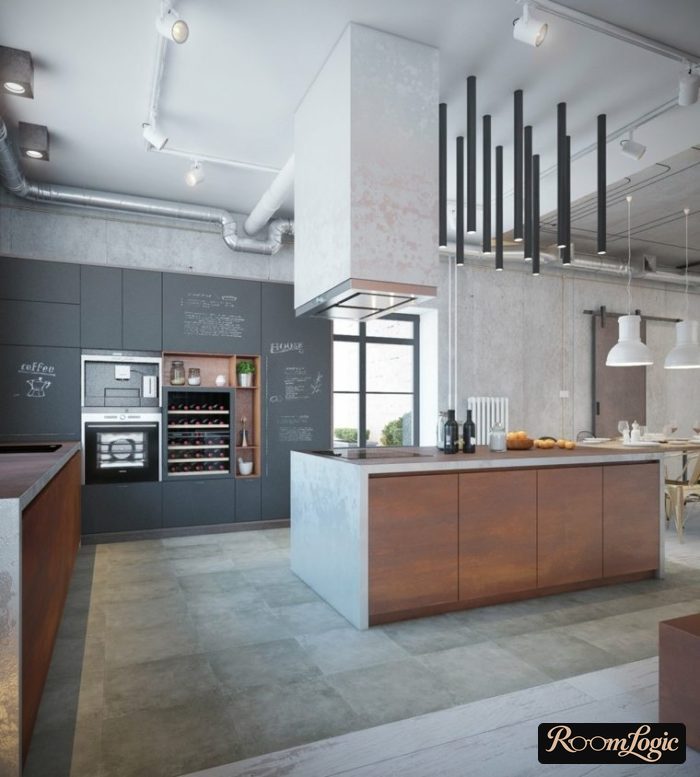 loft styled kitchen with track lights