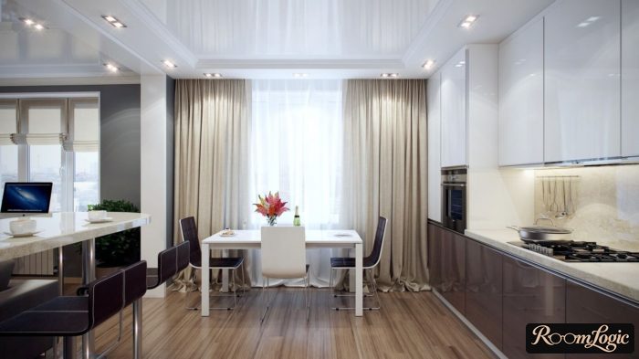 long curtains to the floor in the kitchen interior