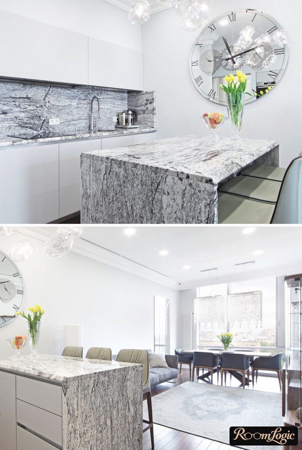 Luxurious kitchen design with a quartz agglomerate breakfast bar