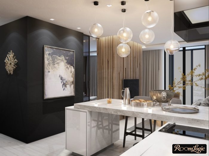 luxurious kitchen design with bar counter made of natural stone
