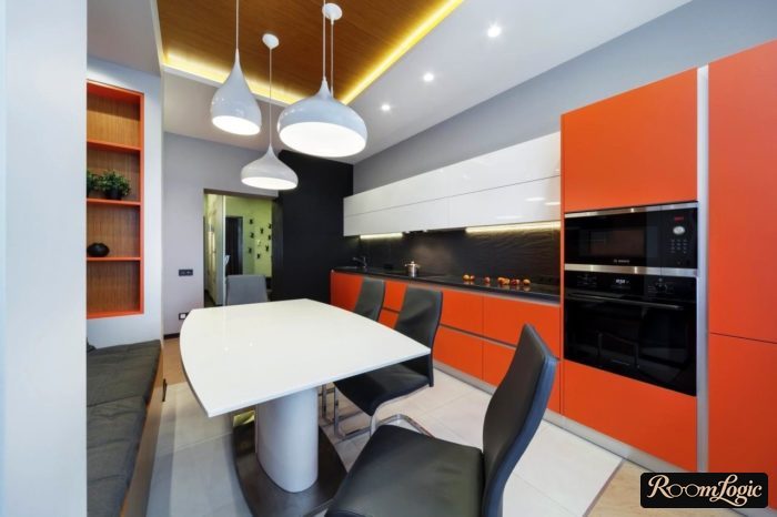 luxurious kitchen with orange cabinet fronts