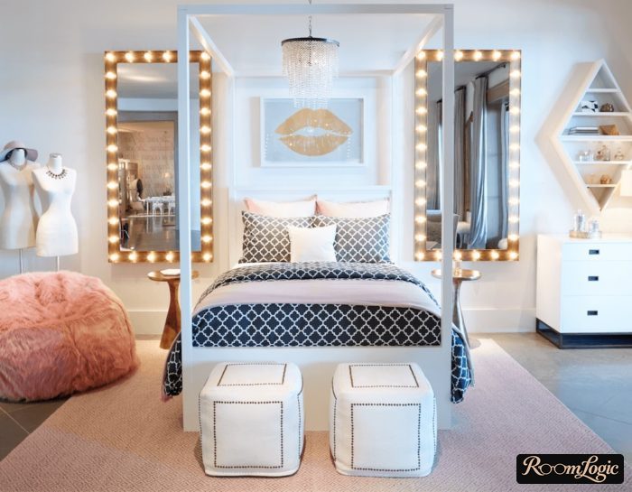 makeup mirror with lamps in a teenage girl's room