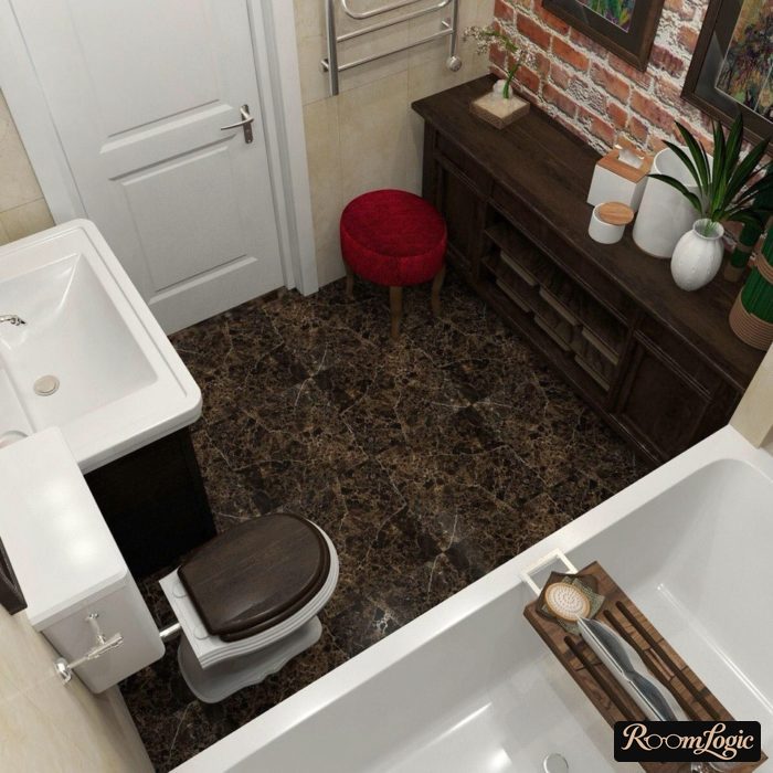 marble-look tile on the floor of a small bathroom