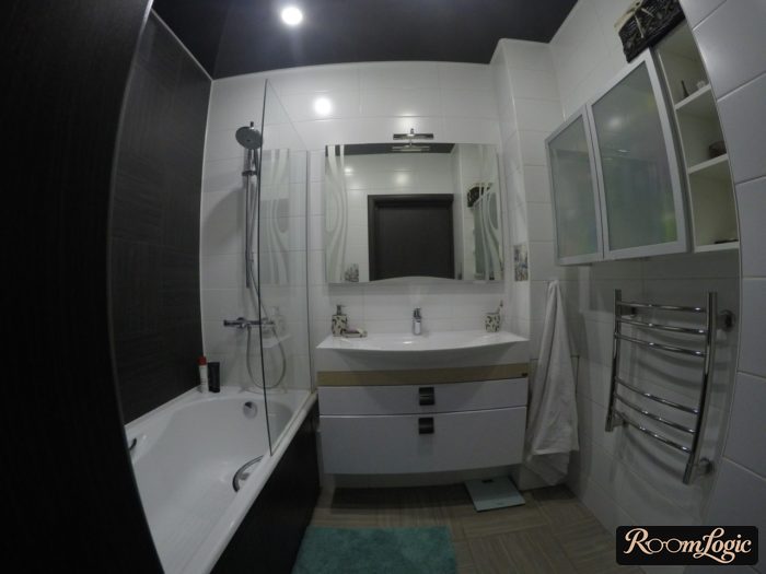 Matte black stretch ceiling in bathroom