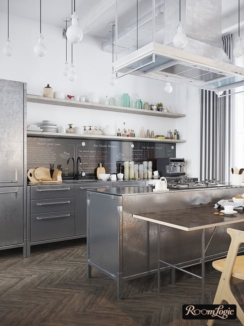 metal kitchen with open shelves
