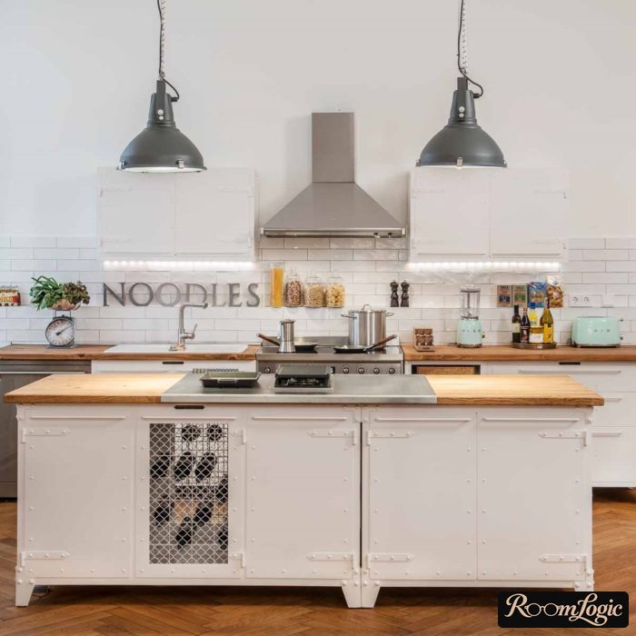 metallic suspended lamps in loft style on the kitchen