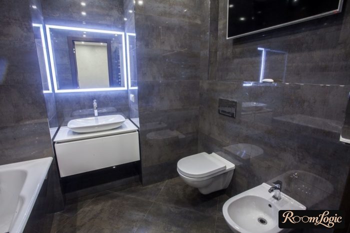 metallic tile in loft style bathroom