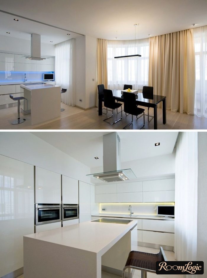 minimalist kitchen with living room
