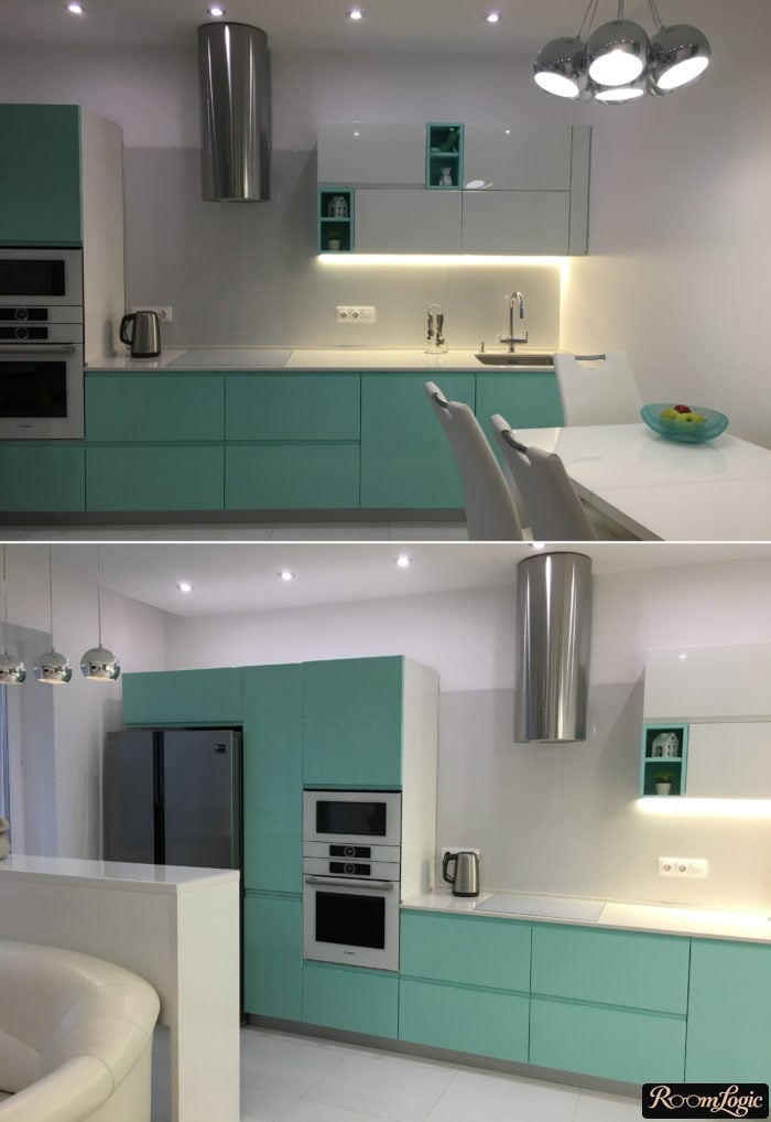 mint colored kitchen partially without upper cabinets