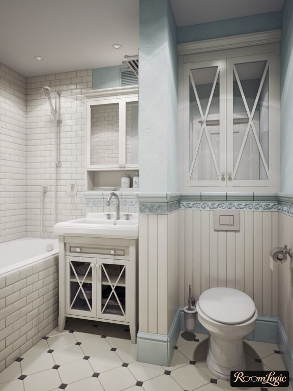 mirrored door panels instead of a window for a Provence style in the bathroom
