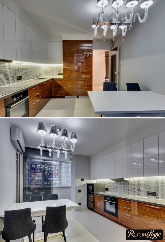 modern art-deco kitchen with glossy cabinet fronts in wood-look