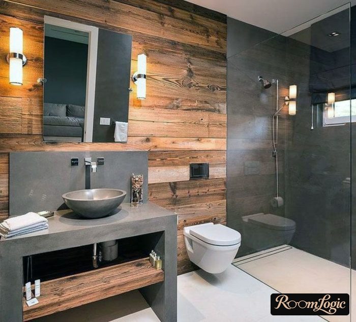 modern bathroom in loft style with concrete and wood