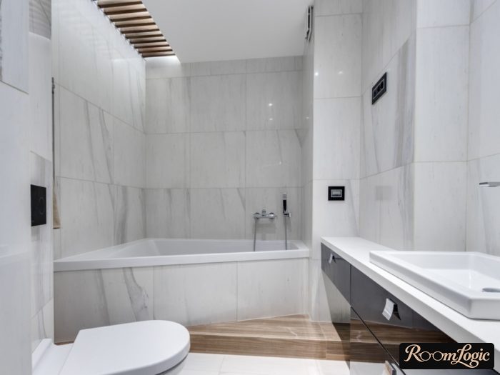 modern bathroom in scandi style with marble-look tile