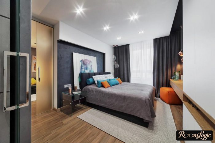 modern bedroom interior in scandi style