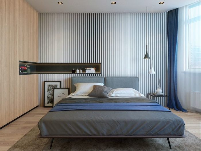 modern bedroom with striped wallpaper