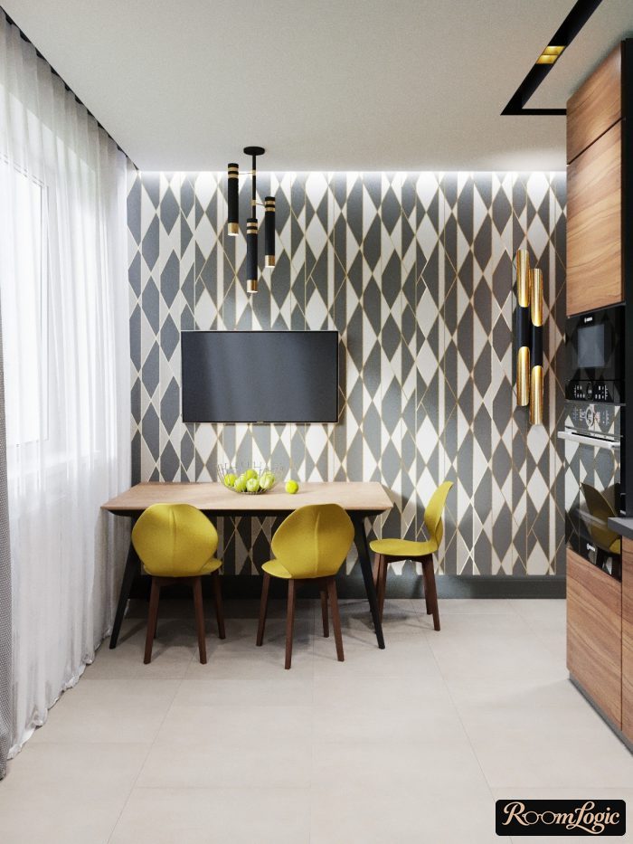 modern black with gold wallpaper in the kitchen
