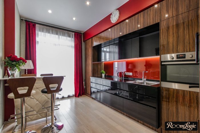 modern bright curtains in the kitchen in high tech style