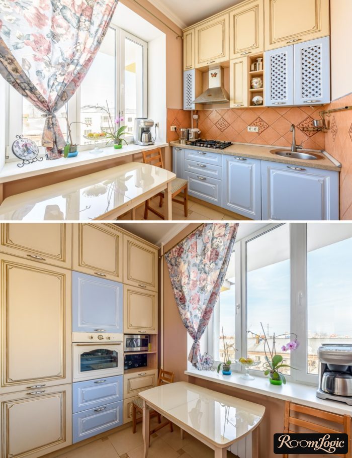 modern classic kitchen with beige and light blue
