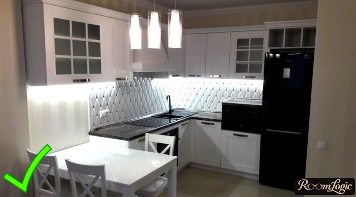 modern classic kitchen with striped wallpaper