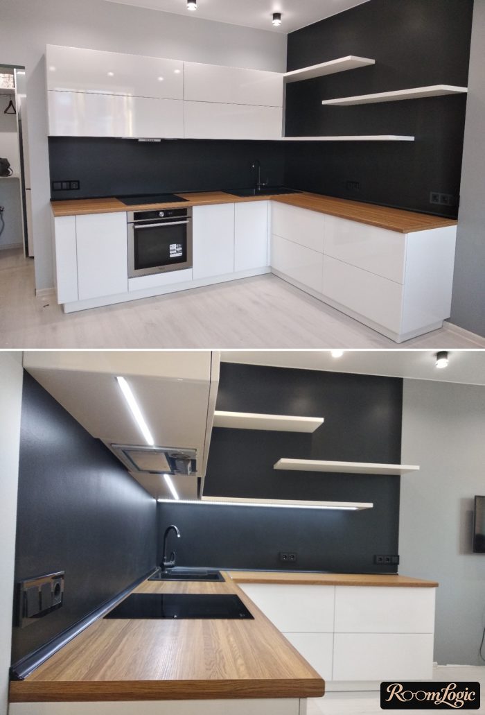 modern corner kitchen with open shelves