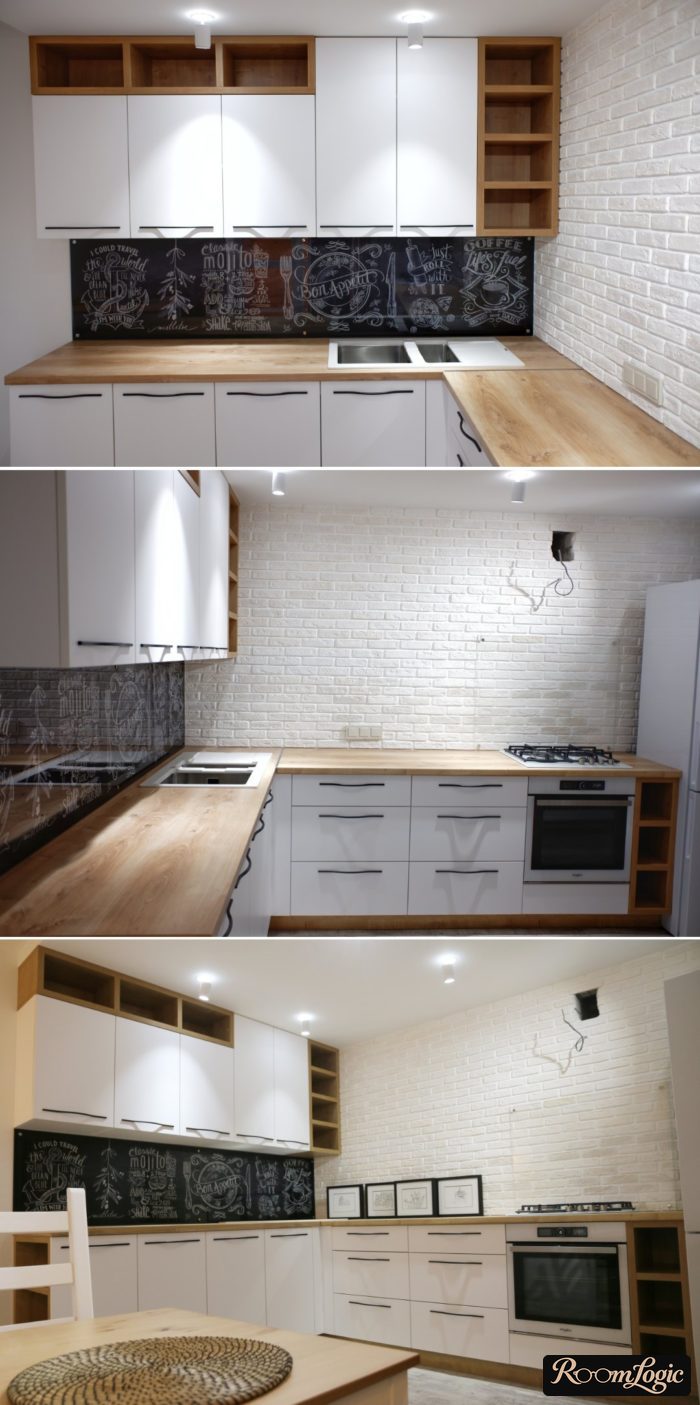 modern corner kitchen without upper cabinets on one side