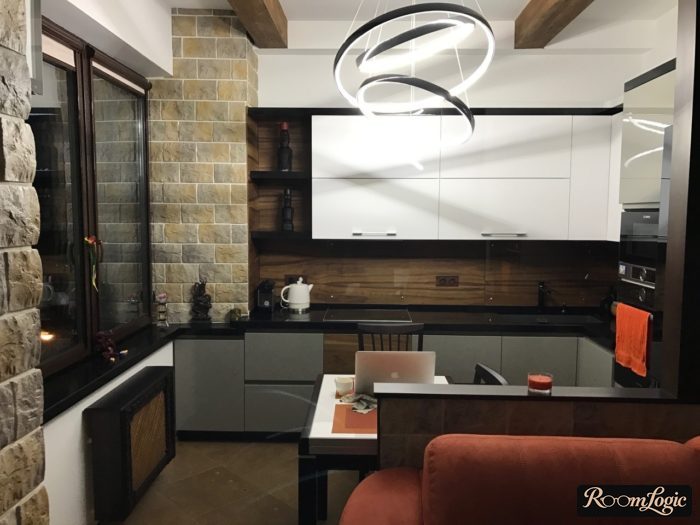 modern design small kitchen with white upper cabinets and gray lower cabinets