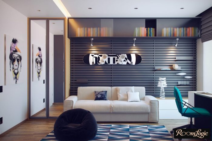 modern design room for teenage boy 14 years in gray-black colors